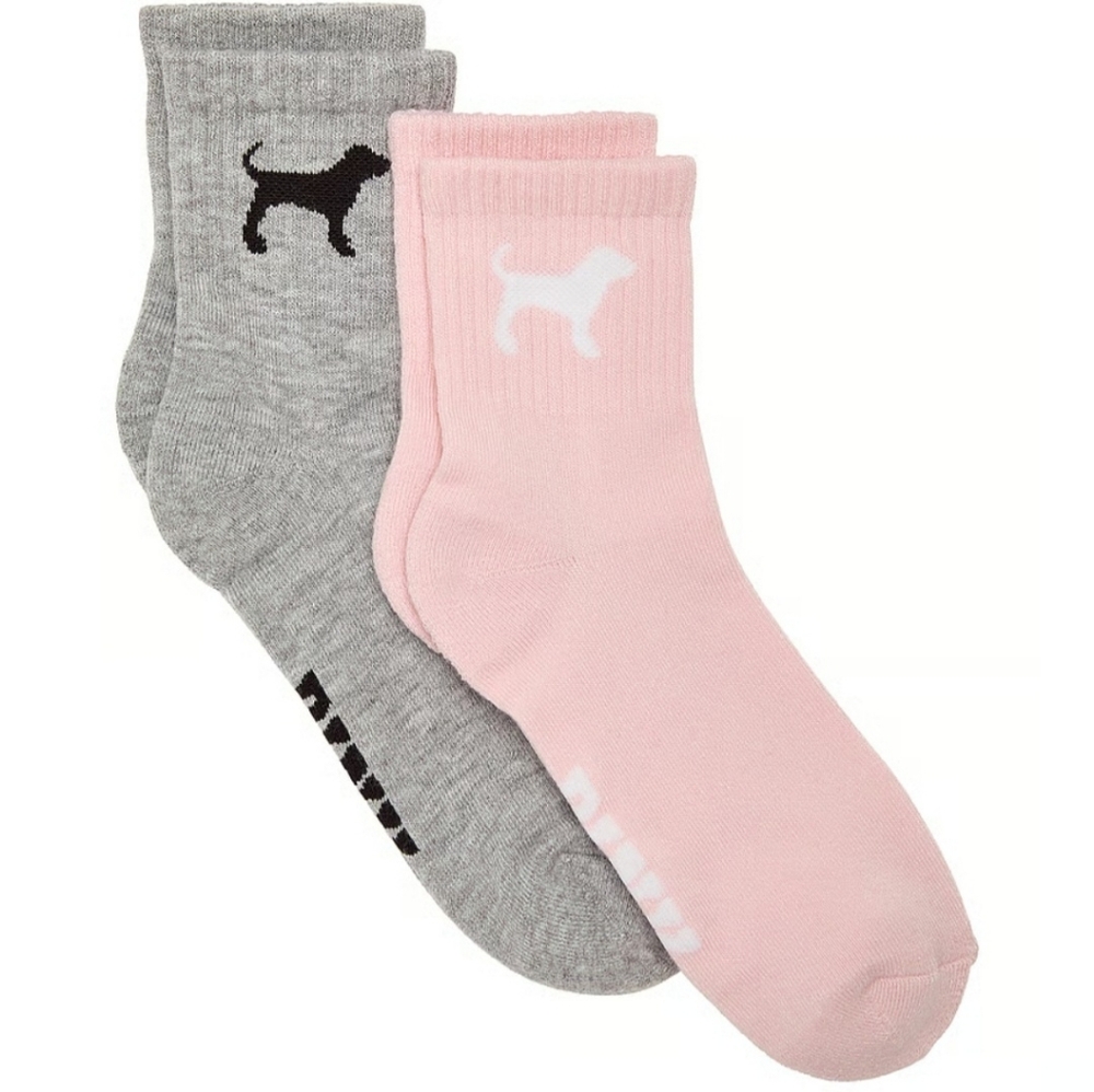 VS PINK DOG LOGO SET-OF-2 GRAY & PINK QUARTER CREW SOCKS